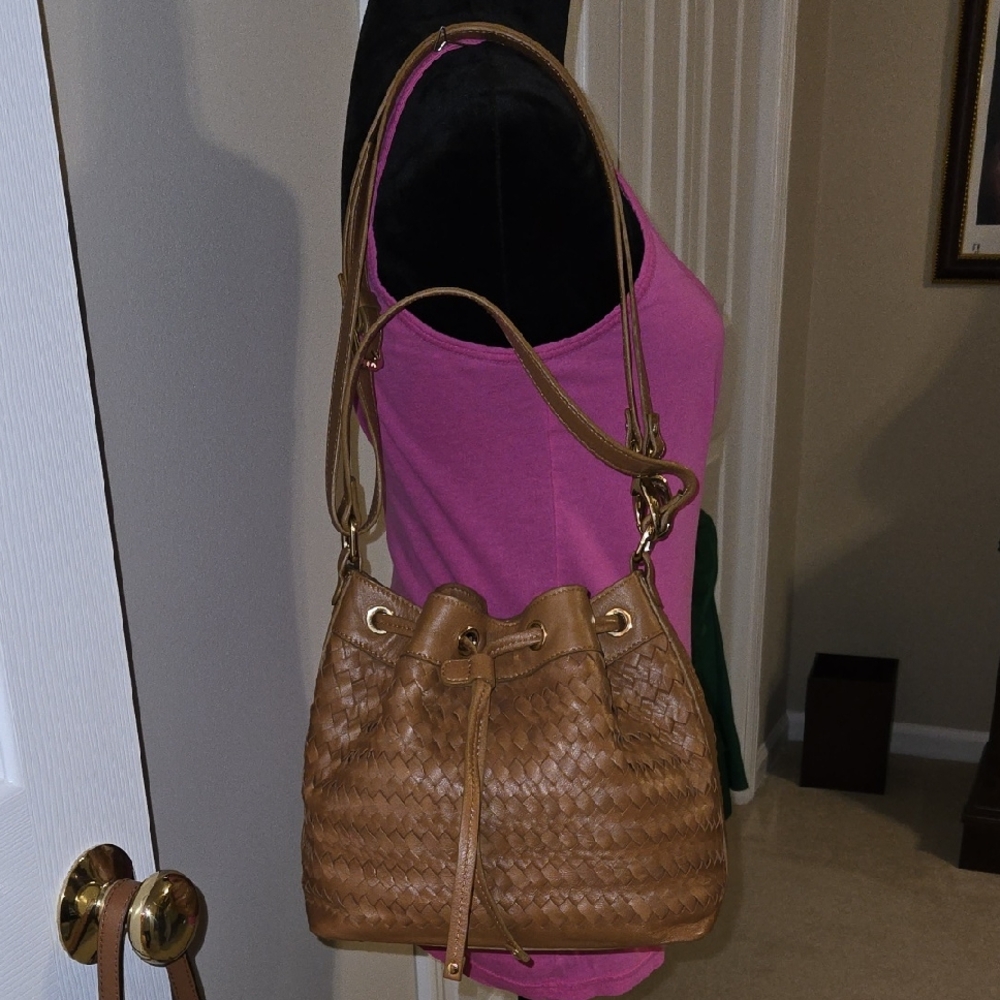 Genuine Leather Tan Woven Crossbody Bag